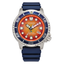 Reloj Citizen Diver’s Eco Drive 200 mt BN0169-03X con esfera naranja, bisel azul y correa de caucho azul
