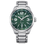 Reloj Citizen Pilot Traveler AW1830-88L con esfera verde, números arábigos, calendario y brazalete de acero inoxidable