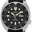 Detalle frontal del Seiko Prospex SRPE93K1 con esfera negra, bisel giratorio de buceo y correa negra