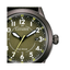 Detalle de la esfera verde del Citizen AW1877-09X con números arábigos, agujas luminiscentes y caja negra