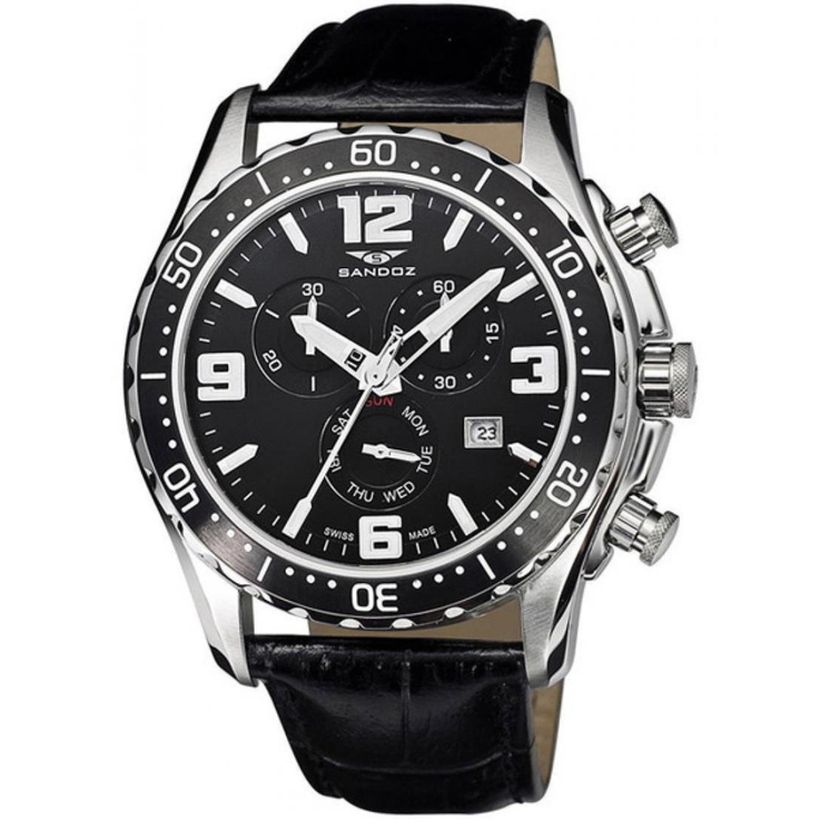 Reloj Sandoz 81329-55 con esfera negra, caja de acero y correa negra de piel