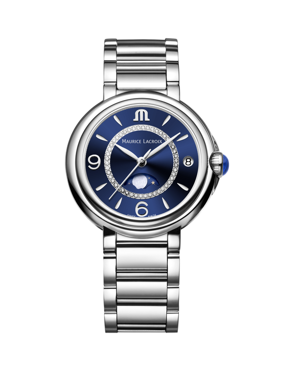 Reloj Maurice Lacroix Fiaba Moonphase 32mm FA1084-SS002-420-1 con esfera azul y brazalete de acero