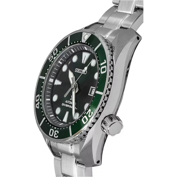 Detalle lateral del Seiko Prospex Sumo SPB103J1 con esfera verde, bisel de buceo y caja de acero