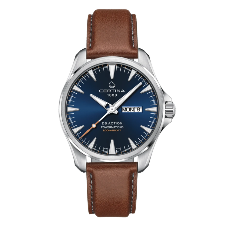 Reloj Certina DS Action Day-Date C032.430.16.041.00 automático con esfera azul y correa de piel marrón