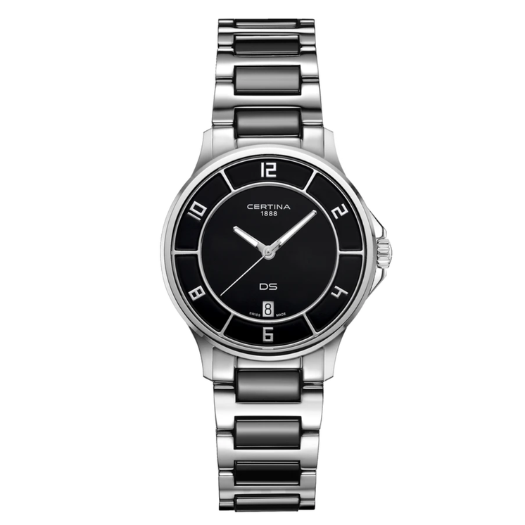 Reloj Certina DS-6 C039.251.11.057.00 para mujer con esfera negra y brazalete de acero y cerámica
