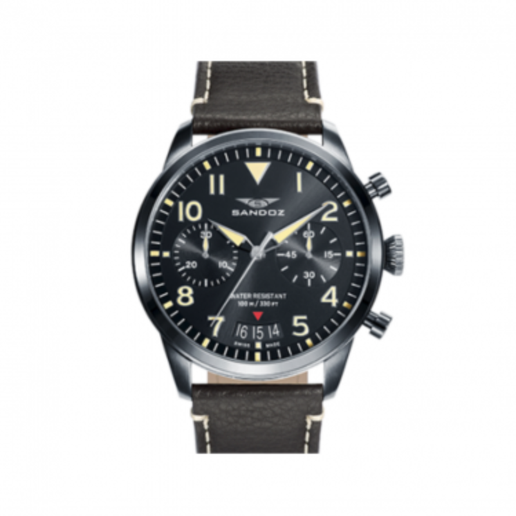 Reloj Sandoz 81423-85 estilo pilot con esfera negra, cronógrafo y correa marrón