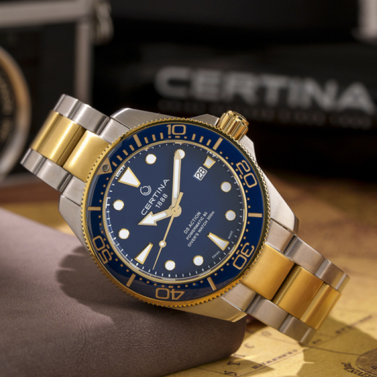 Certina DS Action Diver C032.607.22.041.00 con esfera azul, bisel de buceo y acabado bicolor