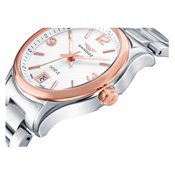 Detalle del Sandoz Casual 81425-95 con esfera blanca, bisel en tono rosa y caja de acero