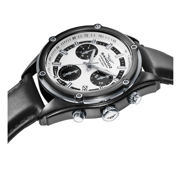 Detalle del Sandoz Sport 81513-07 con cronógrafo, caja de acero negro y correa de piel