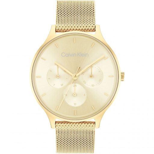Reloj Calvin Klein Multifunction 25200103 para mujer con esfera dorada y brazalete de malla dorado