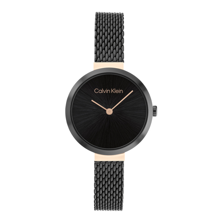 Reloj Calvin Klein Minimalistic T Bar 28mm 25200084 para mujer con esfera negra y correa de malla negra