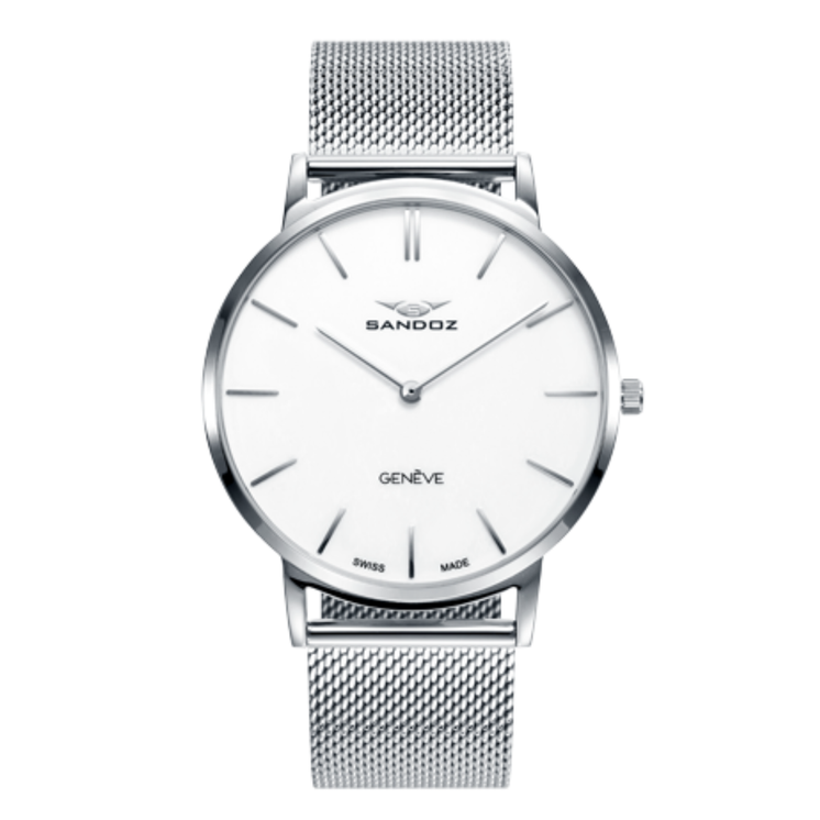 Reloj Sandoz Classic 81445-07 con esfera blanca y brazalete de malla milanesa de acero