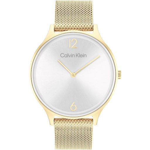 Reloj Calvin Klein Timeless Mesh 38mm 25200003 para mujer con esfera plateada y brazalete de malla dorado