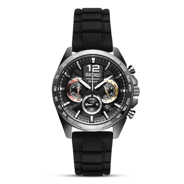 Vista frontal del Seiko Neo Sports Cuarzo SSB349P1 con detalles naranjas y amarillos en la esfera