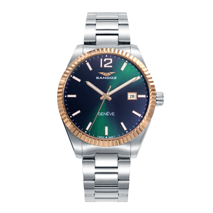 Reloj Sandoz Casual 81525-65 con esfera verde, bisel dorado y brazalete de acero