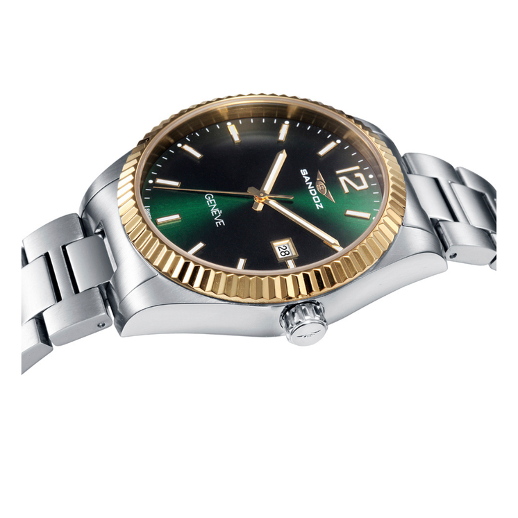 Vista lateral del reloj Sandoz Casual 81525-65 con esfera verde y caja de acero