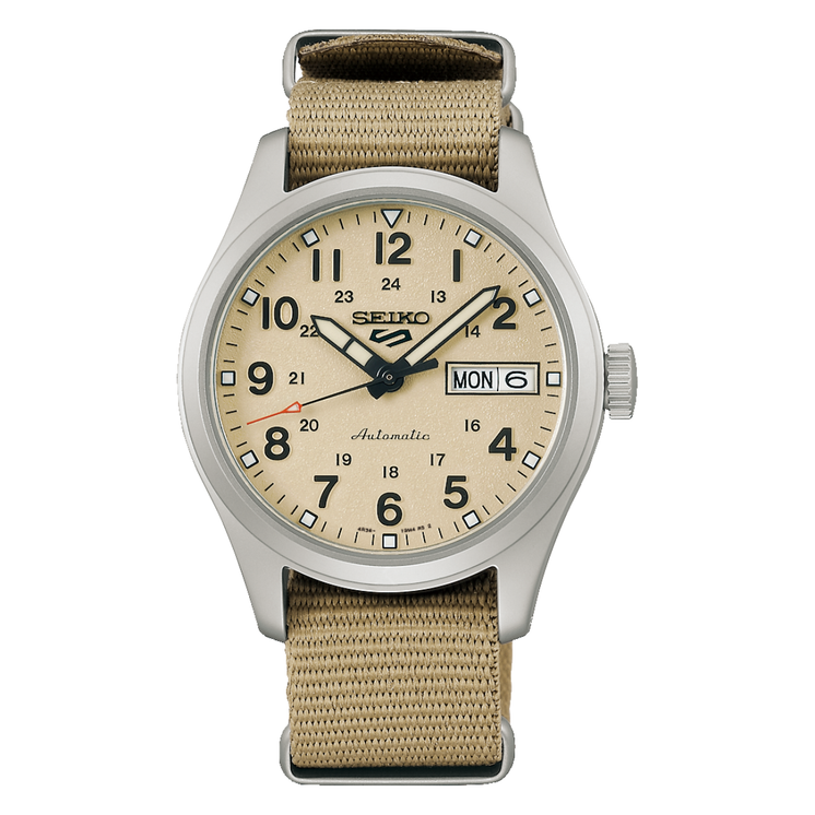 Reloj Seiko 5 Sports Field SRPJ83K1 automático con esfera beige y correa de nailon