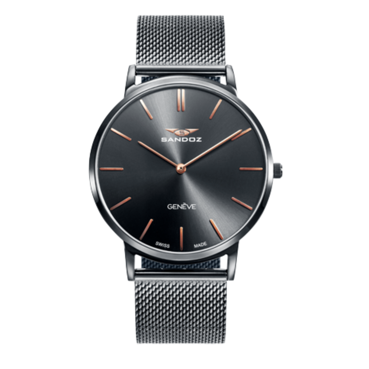 Reloj Sandoz Classic 81445-17 con esfera negra, caja de acero y brazalete de malla milanesa en tono antracita