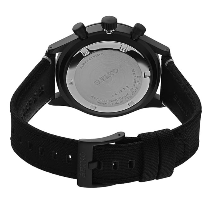 Vista trasera del Seiko Neo Sports Crono SSB417P1 con caja negra y correa de nailon