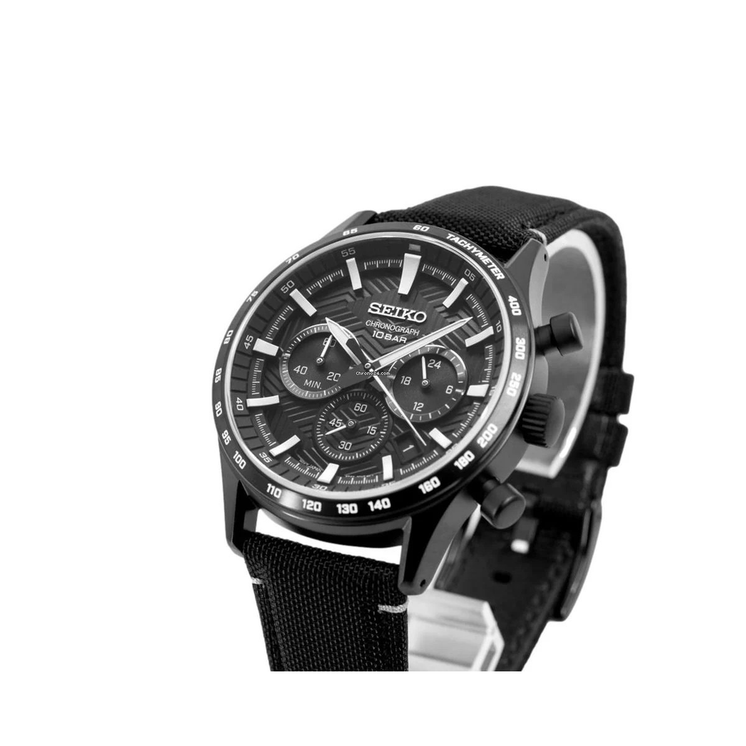 Detalle del Seiko Neo Sports Crono SSB417P1 con esfera negra, subesferas de cronógrafo y caja negra
