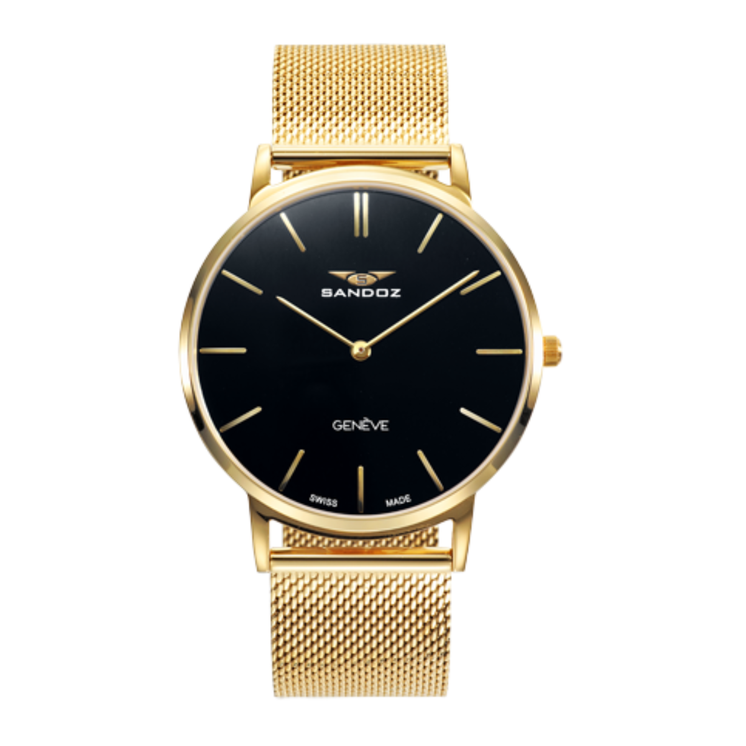 Reloj Sandoz Classic 81445-97 con esfera negra y brazalete de malla milanesa dorado