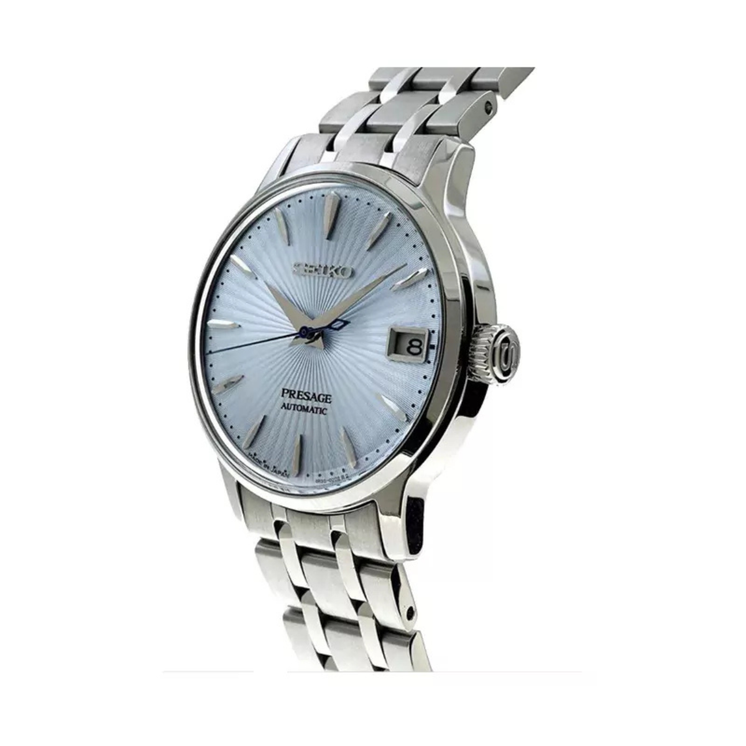 Detalle lateral del Seiko Presage Cocktail SRP841J1 con caja de acero y esfera azul