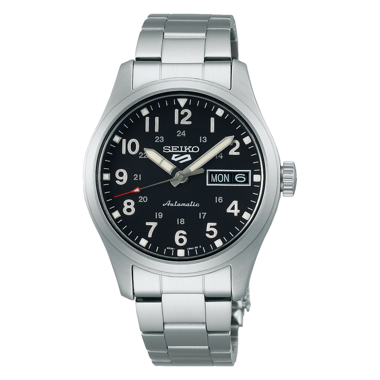 Reloj Seiko 5 Sports Field SRPJ81K1 automático con esfera negra y brazalete de acero