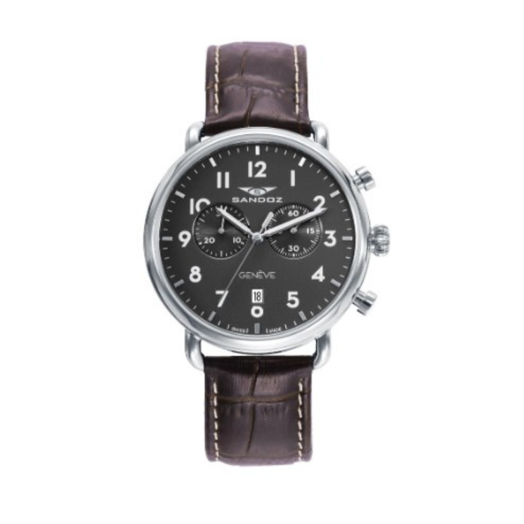 Reloj Sandoz 81497-99 cronógrafo con esfera negra, caja de acero y correa de piel marrón