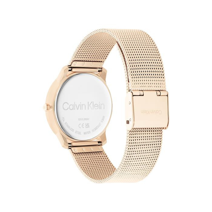 Vista trasera del Calvin Klein Iconic 25200035 con caja y brazalete de malla en acabado oro rosa