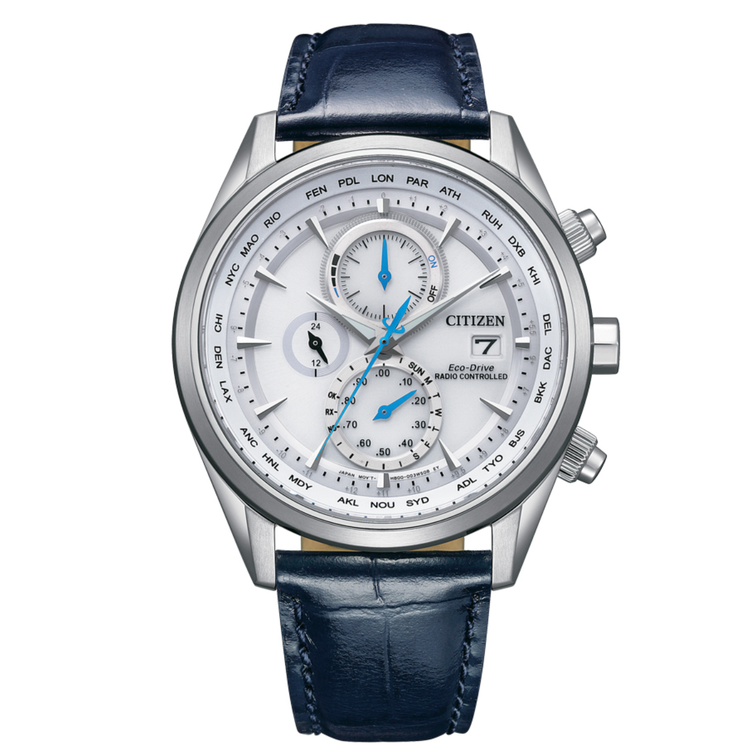 Reloj Citizen Radiocontrolado AT8260-18A Eco-Drive con esfera blanca y correa de piel azul