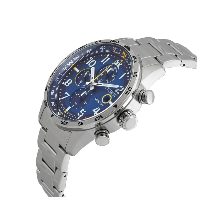 Detalle del Citizen Urban Crono CA0790-83L con esfera azul, cronógrafo y caja de acero