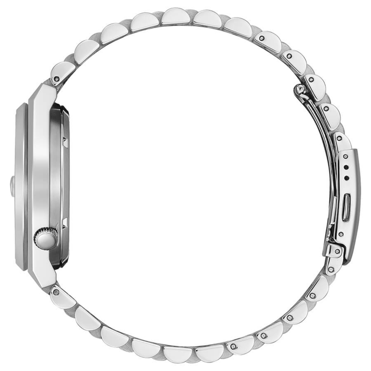 Vista lateral del Citizen Tsuyosa NJ0150-81E con caja y brazalete de acero inoxidable