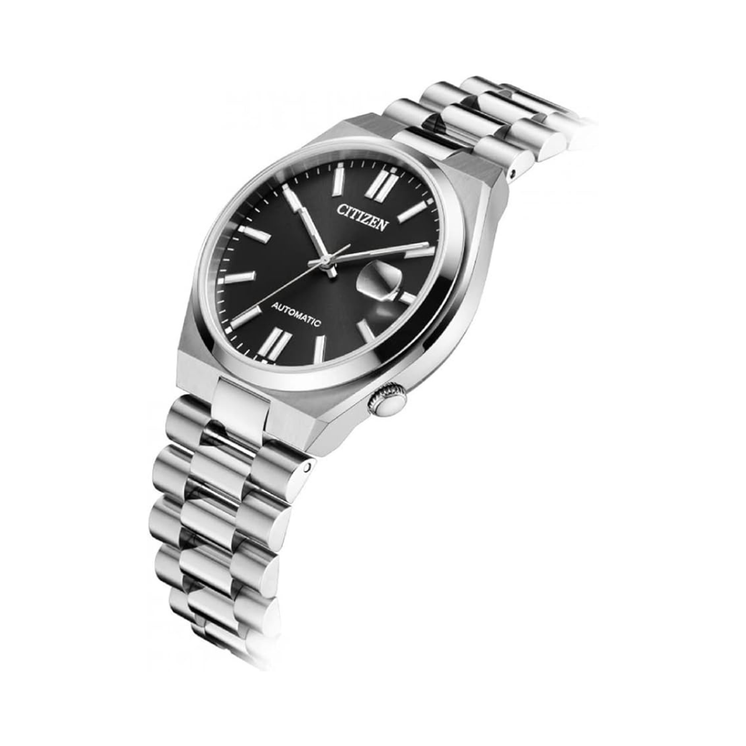Detalle del Citizen Tsuyosa NJ0150-81E con esfera negra, caja de acero y brazalete integrado