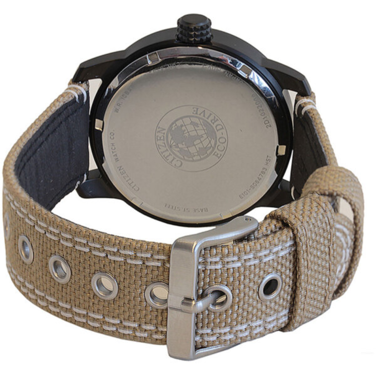 Vista trasera del Citizen BM8476-23E con caja de acero negro y correa de nylon beige
