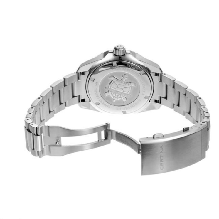 Vista trasera del Certina DS Action Diver C032.607.11.041.00 con caja y brazalete de acero inoxidable