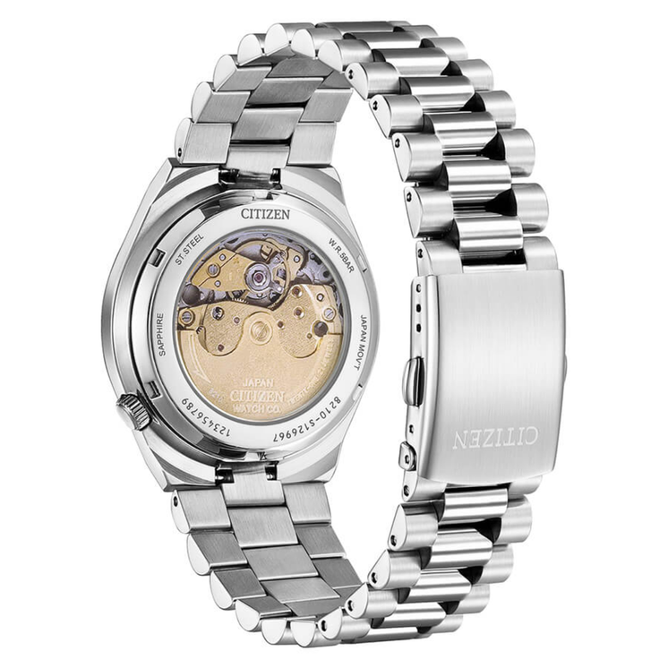 Vista trasera del Citizen Tsuyosa NJ0151-88M con movimiento automático visible y brazalete de acero