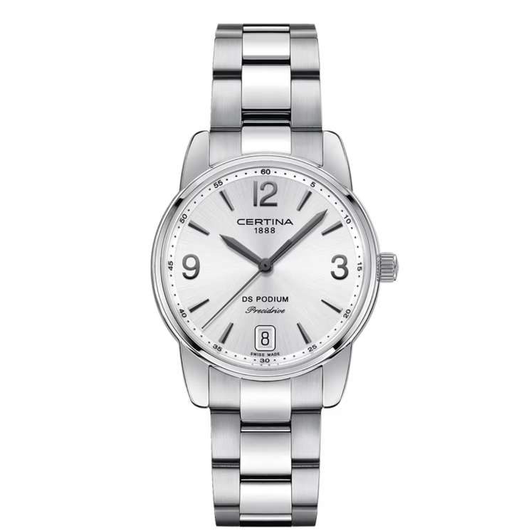 Reloj Certina DS Podium Lady Precidrive C034.210.11.037.00 con esfera plateada y brazalete de acero inoxidable