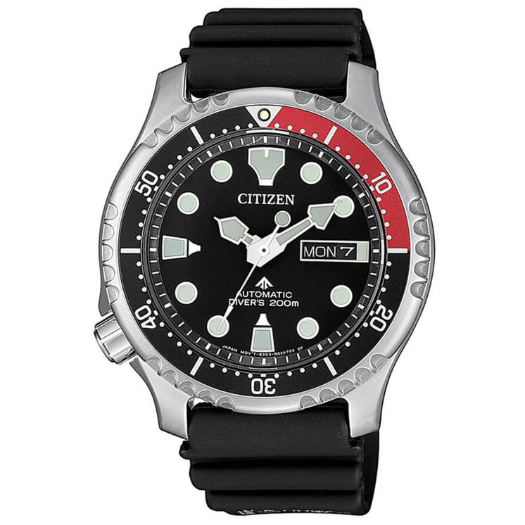 Reloj Citizen Diver’s Automatic NY0085-19E con esfera negra, bisel bicolor y correa de caucho negra