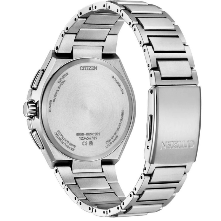 Vista trasera del Citizen H800 Super Titanium AT8238-84M con caja y brazalete de Super Titanium