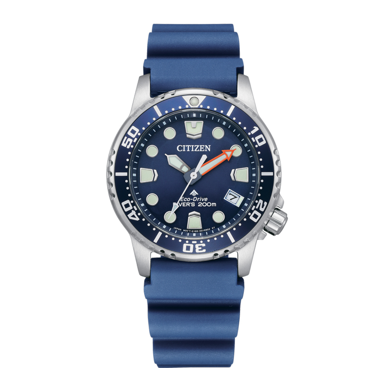 Reloj Citizen Diver’s Eco Drive 200 mt EO2021-05L con esfera azul y correa de caucho azul