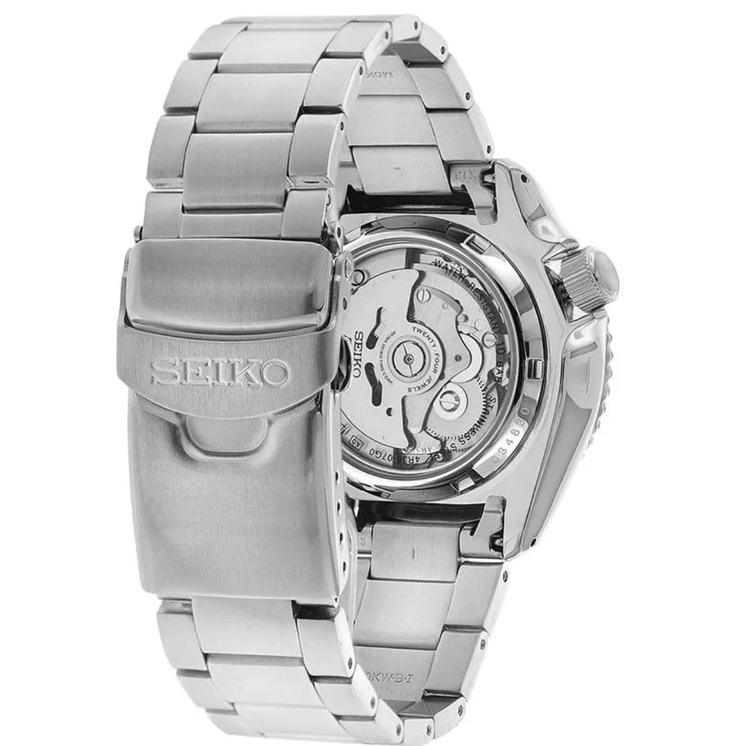 Vista trasera del Seiko 5 Sports SRPD51K1 con movimiento automático visible y brazalete de acero