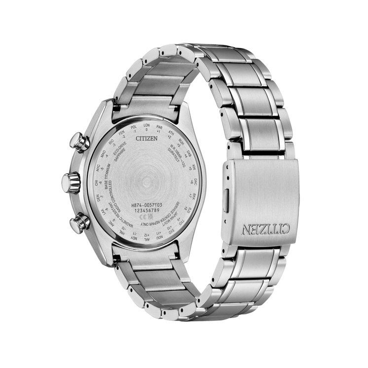 Vista trasera del Citizen Tsuki-yomi Moonphase BY1010-81X con caja y brazalete de Super Titanium
