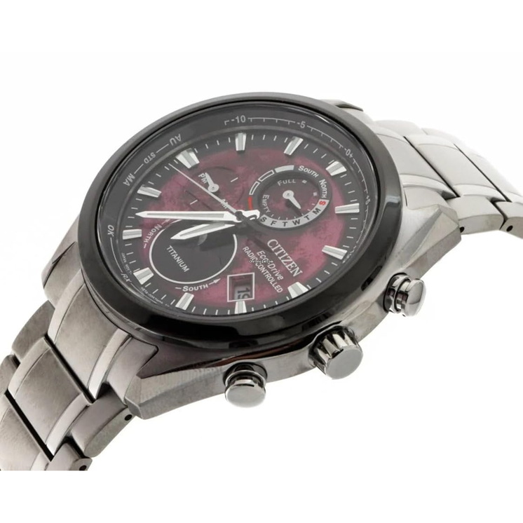 Detalle del Citizen Tsuki-yomi Moonphase BY1018-80X con esfera rosa, fases lunares y caja de titanio
