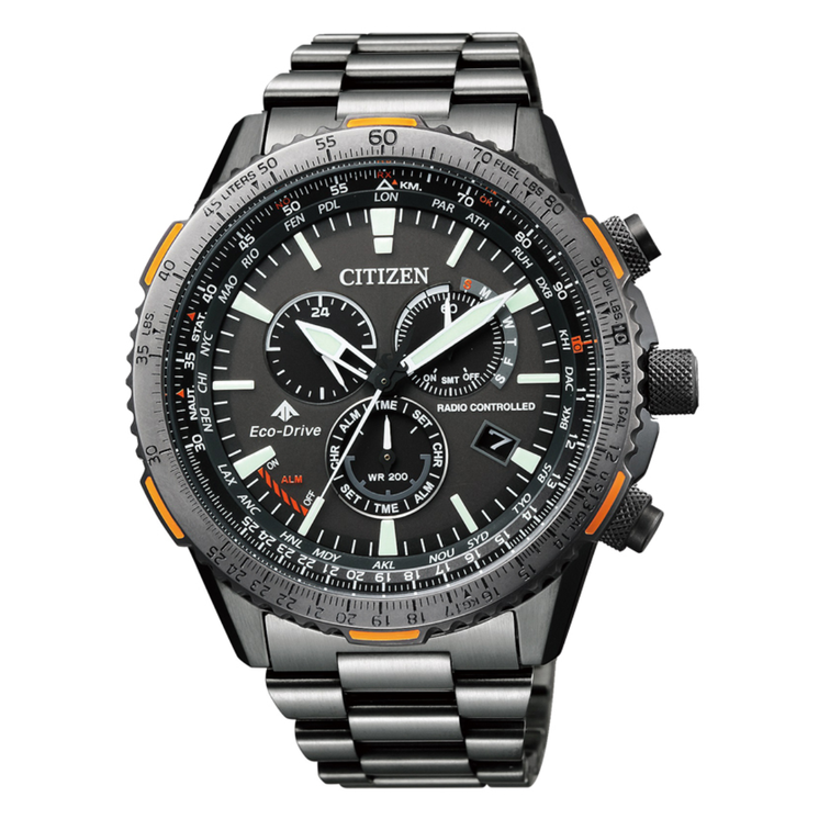 Reloj Citizen Crono Pilot Acero CB5007-51H con esfera negra y brazalete de acero inoxidable