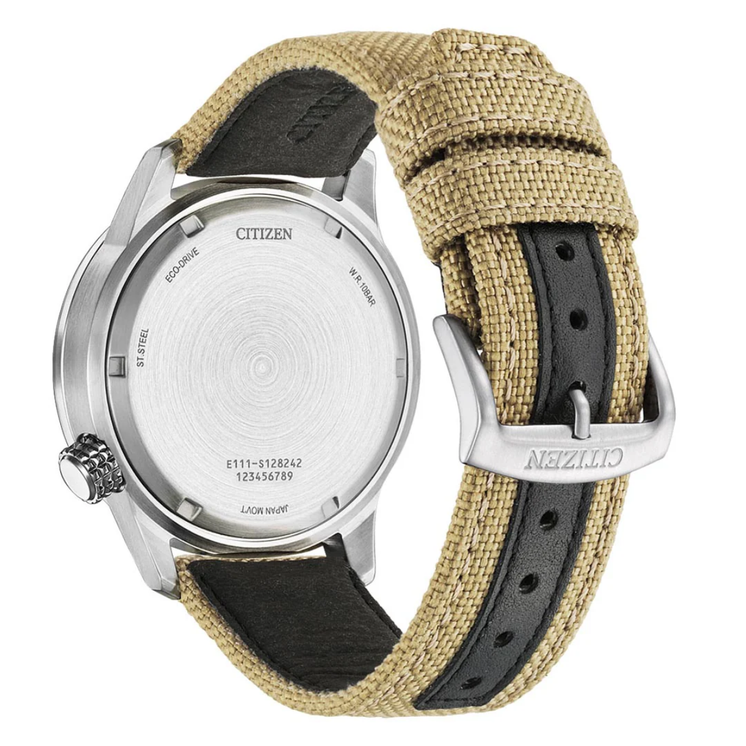 Vista trasera del Citizen BM7550-10E con caja de acero y correa de nylon beige