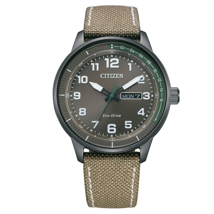 Reloj Citizen Urban BM8595-16H Eco-Drive con esfera gris, caja negra y correa de nylon beige