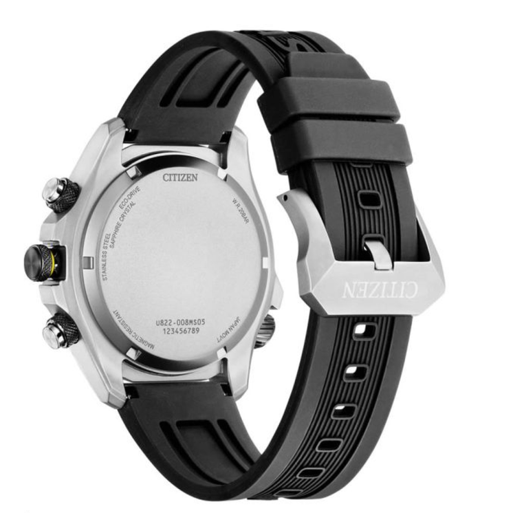Parte trasera del Citizen Eco Drive Land JV1007-07E con caja de acero y correa negra