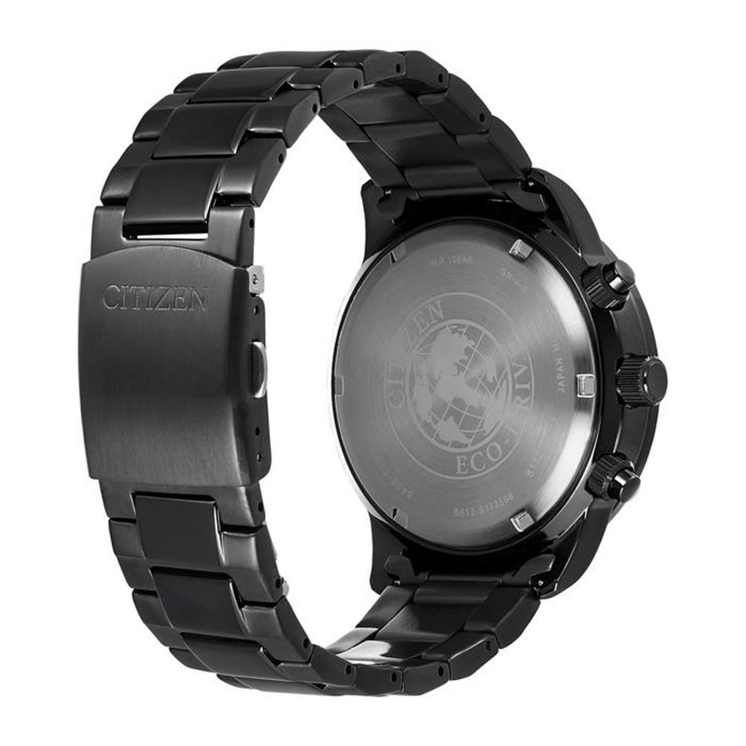 Vista trasera del Citizen Aviator Crono CA0695-84E con caja y brazalete de acero negro