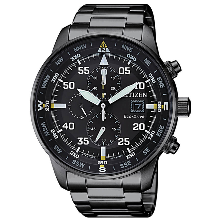 Reloj Citizen Aviator Crono CA0695-84E con esfera negra, cronógrafo y brazalete de acero negro