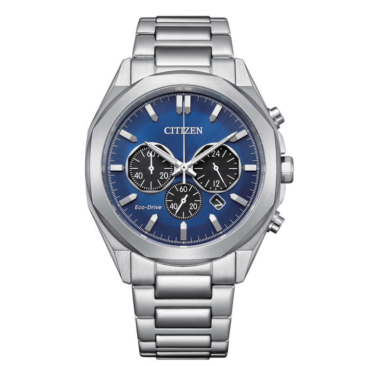 Reloj Citizen Chrono Elegant CA4590-81L Eco-Drive con esfera azul, cronógrafo y brazalete de acero inoxidable